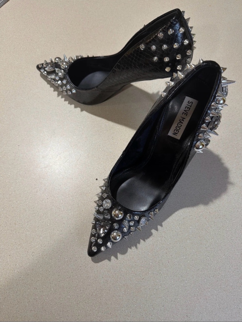 Steve Madden Black Pointed Toe Studded Pumps with Silver Accents
